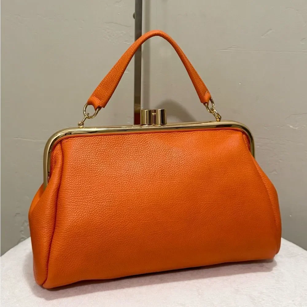 Orange Premium Pebble Cowhide Handmade Large Kiss Lock Handbag/ Multi Use Style